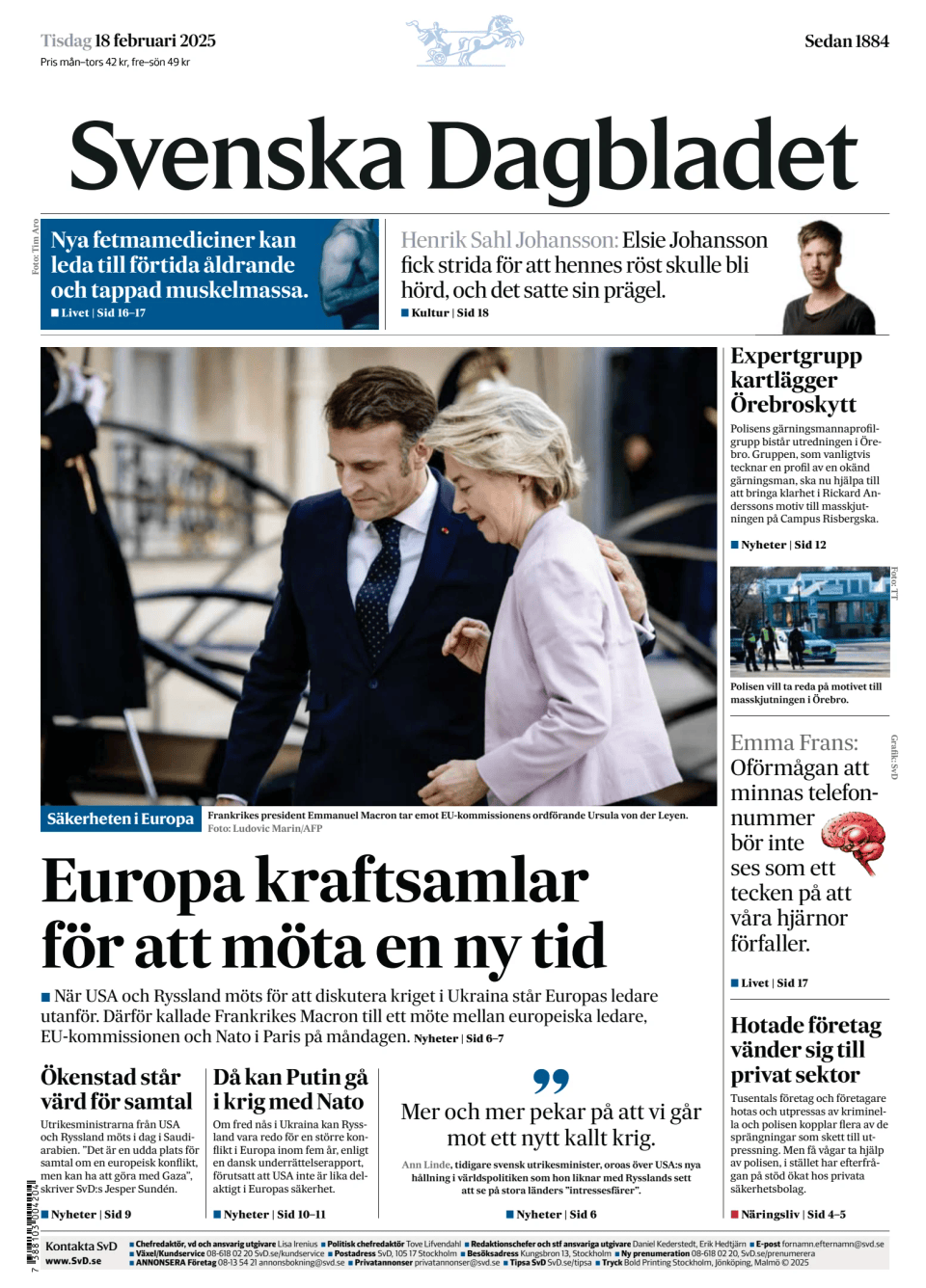 Prima-pagina-Svenska Dagbladet-edizione-di-oggi-20250218